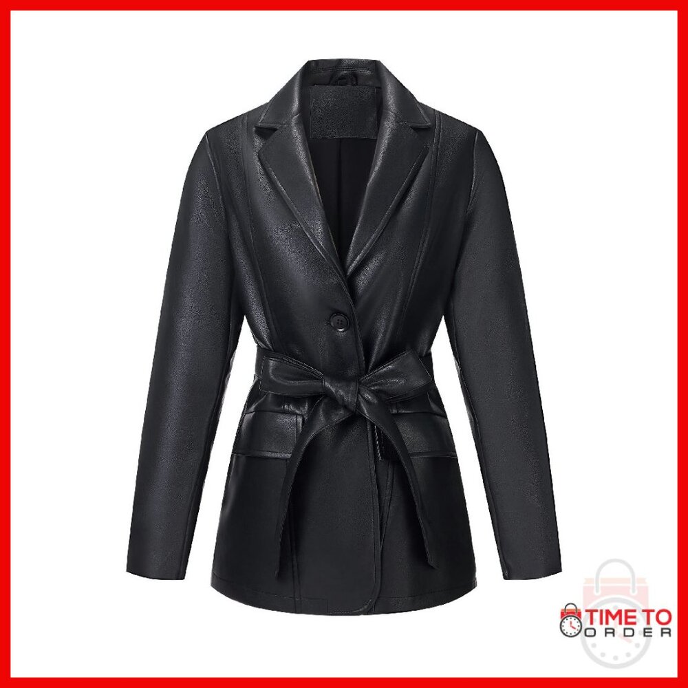 Faux Leather Blazer Jacket Women's Vegan Pleather Button Down Coat